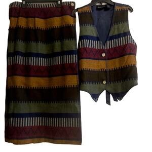 Vintage 90's Anthony Mark Hankins Wool Aztec Southwestern Vest Wrap Skirt Set M